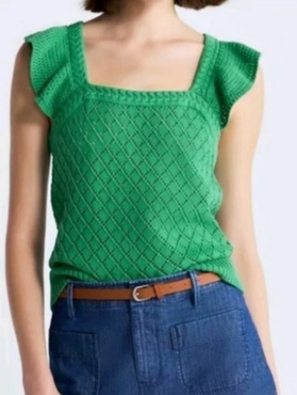Free Assembly Green Crochet Ruffle Open Back Sweater Top XL NWT